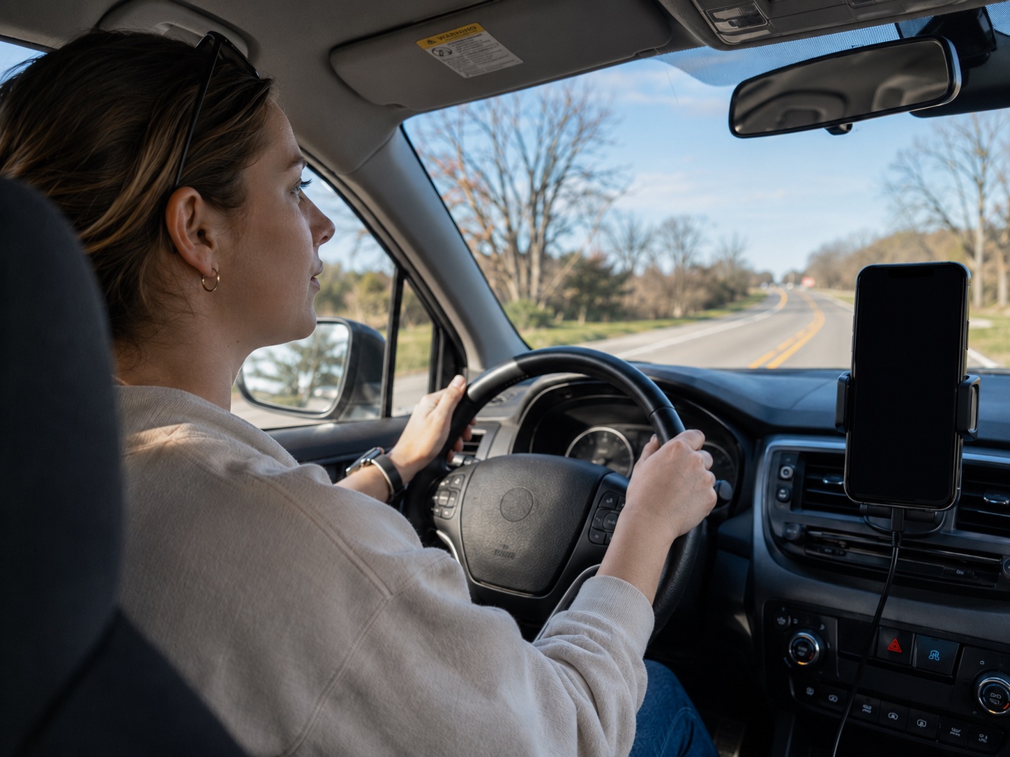 Driver practising a language hands-free with the phone put away