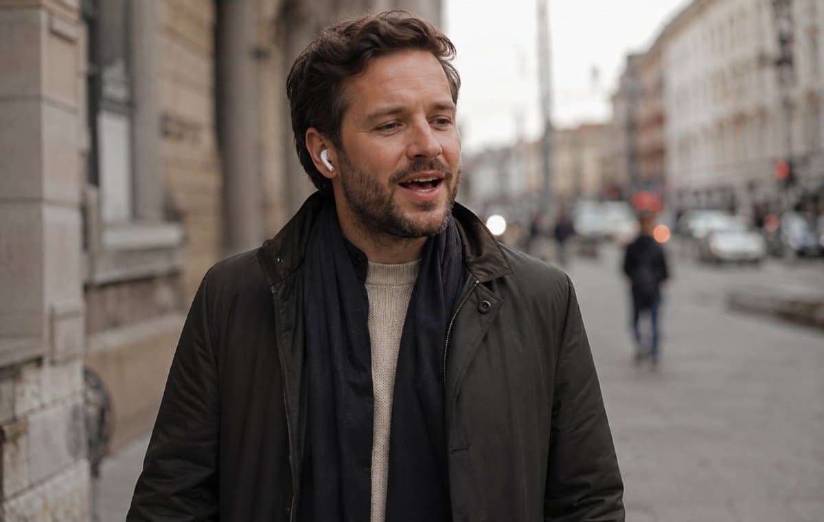 Man walking a city street with an earbud in, speaking aloud