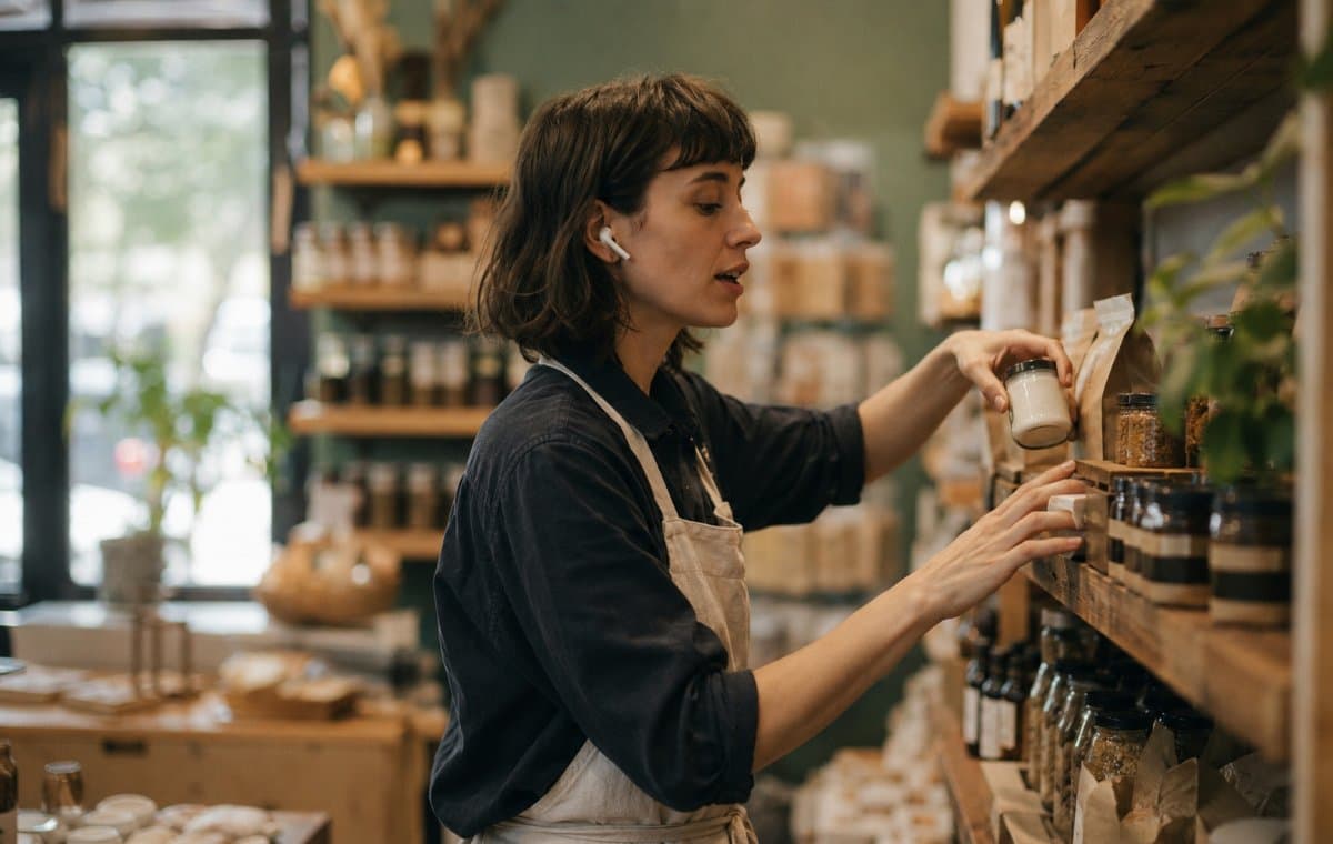 Shop worker restocking shelves with an earbud in, speaking aloud